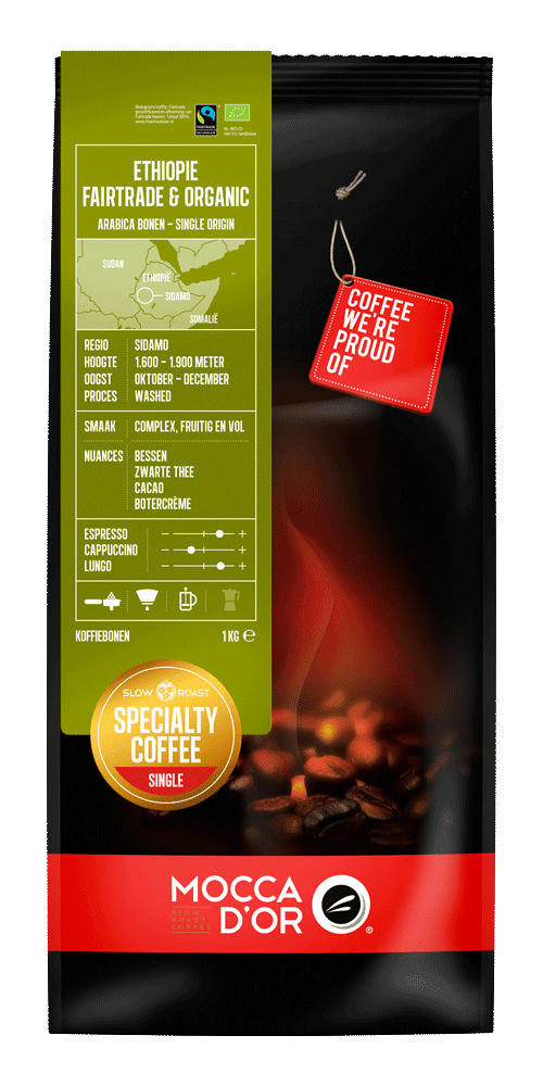 Rijke, aromatische koffiebonen van Mocca D'Or, single origin Ethiopië, fairtrade en biologisch, perfect voor espresso, cappuccino en lungo, verpakt in 1 kg stijlvolle zak.