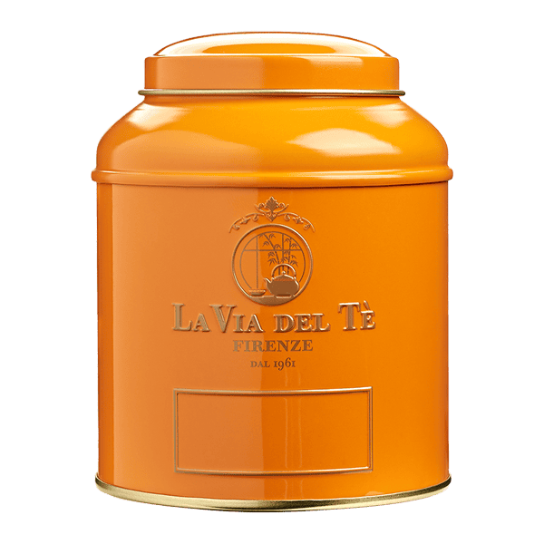 Theeblikje La Via del Tè oranje metaal bewaarbus