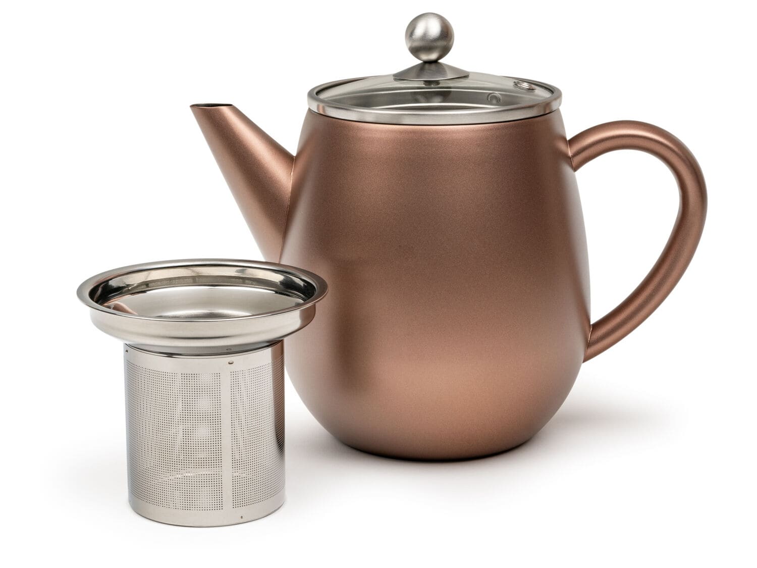 Elegant roestvrijstalen theepot met rozenkleurige afwerking, inclusief stoomfilter, perfect voor het zetten van thee bij De Heeren van 17.