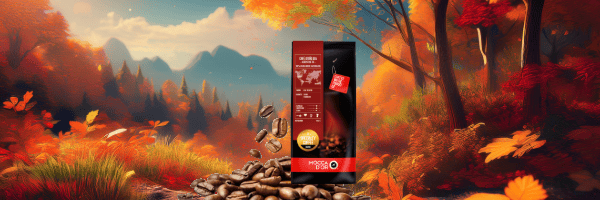 Gezicht op een bos in herfstkleuren met een digitale bonenmachine en een cadeaubon uitgelicht voor De Heeren van 17.