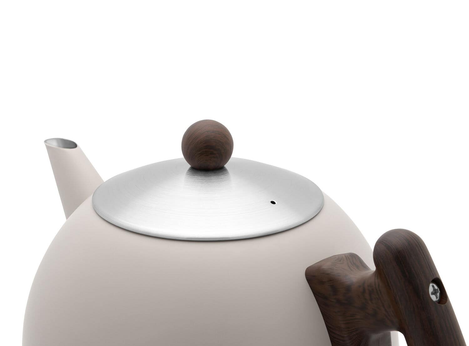 Modern design waterkoker met houten handvat en roestvrijstalen deksel, perfect voor een stijlvolle keuken, gericht op design en functionaliteit.