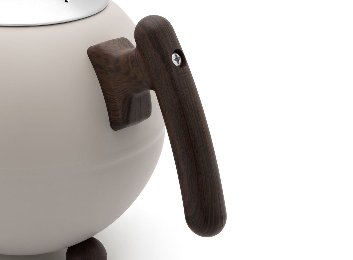 Elegante witte theepot met houten handvat, modern en stijlvol ontwerp, perfect voor theeliefhebbers en interieurdecoratie.