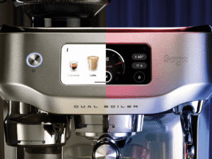 Krachtige De Heeren van 17 koffiezetapparaat met digitale bediening en dubbele boiler, ideaal voor het zetten van koffie zoals espresso en latte, met moderne functies en gebruiksvriendelijke interface.