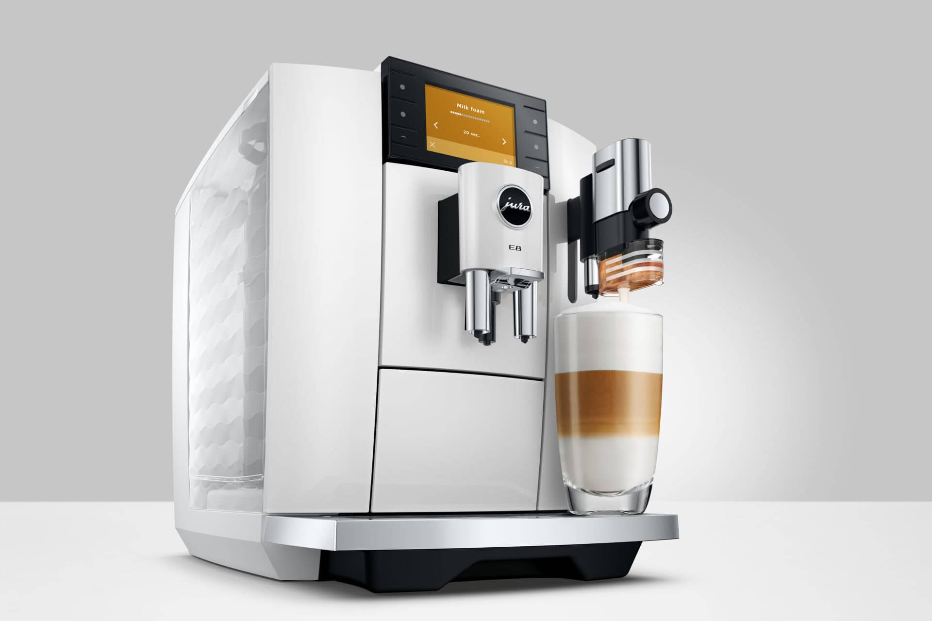 Hoogwaardige volautomatische espressomachine voor koffie en espresso, met modern design en gebruiksvriendelijke touchscreen bediening.