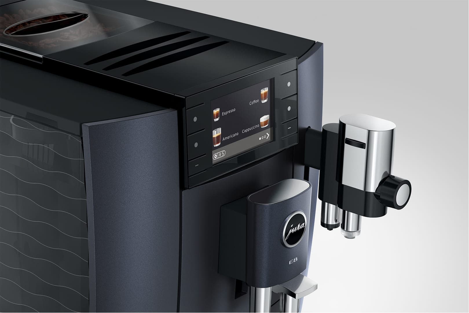 Moderne zakelijke koffiemachine met digitaal bedieningspaneel en diverse koffieopties voor horeca en bedrijven.
