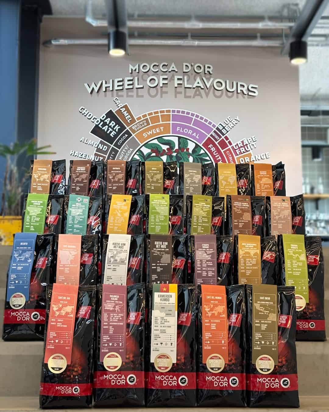 Mokka D'or chocolade met diverse smaakvariaties, uitgestald in een winkel, onder een kleurrijke "Wheel of Flavours" display, gericht op chocolade liefhebbers en smaakexperts.